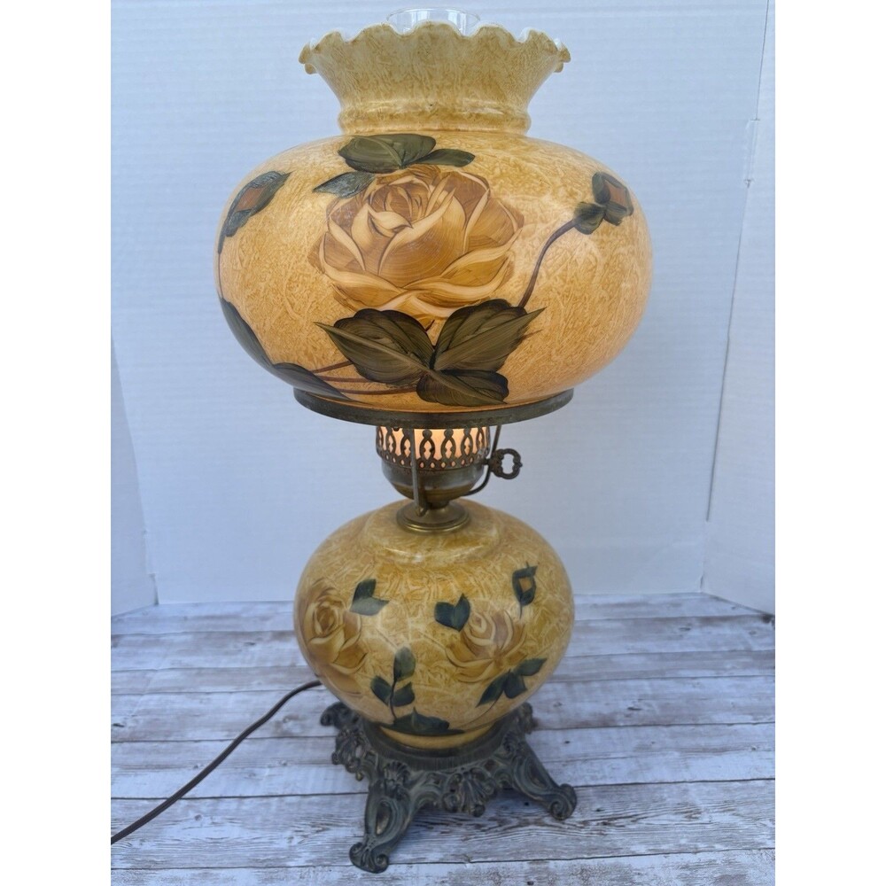 Antique GWTW Hurricane Parlor Lamp Hand Painted Floral Tulips Electric 3-Way